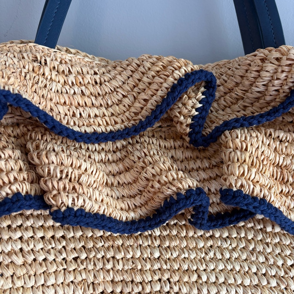 Mark & Graham Tan and Blue Raffia Ruffle Tote Bag NWOT Beach Pool Bag - Picture 3 of 13